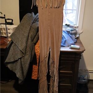 Fashion Nova Tan Fringed Boot Cut Pants
